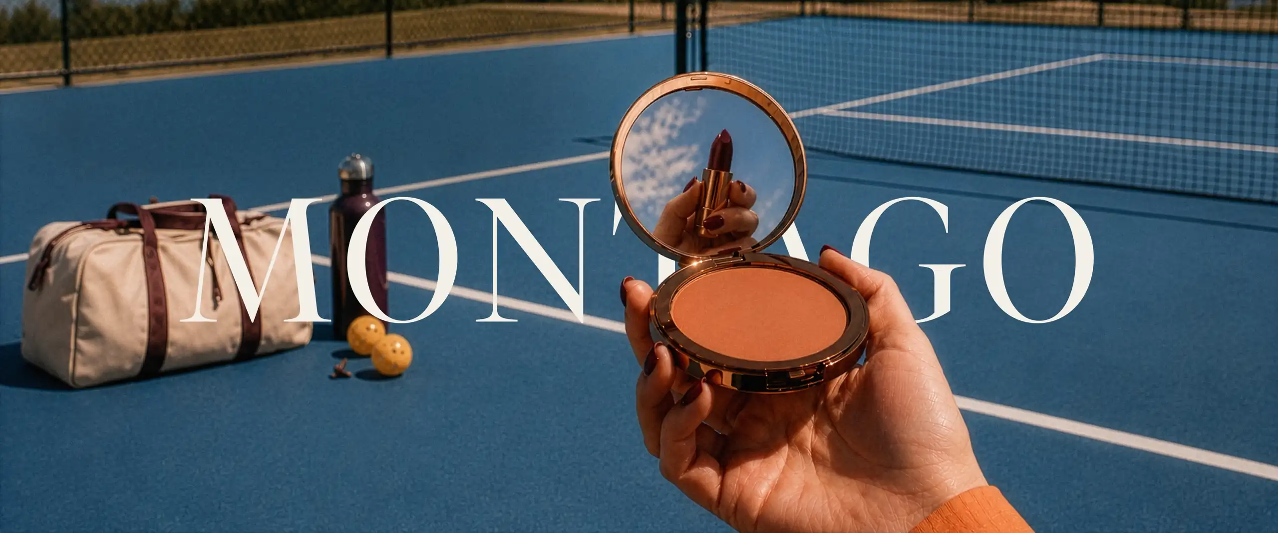Court mirror and lipstick on a blue court
